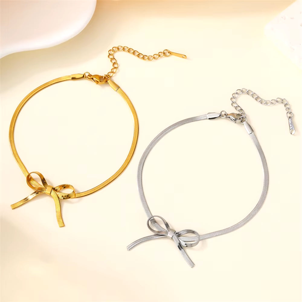 Romantic Bowknot Anklet for Women Stainless Steel Snake Chain Summer Beach Anklet Simple Fashion Jewelry Girls Gift 2024