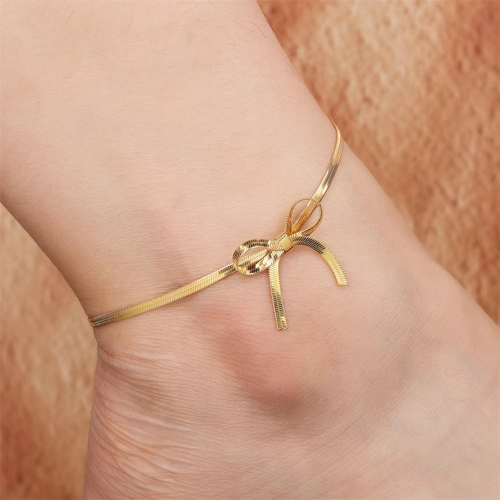 Romantic Bowknot Anklet for Women Stainless Steel Snake Chain Summer Beach Anklet Simple Fashion Jewelry Girls Gift 2024